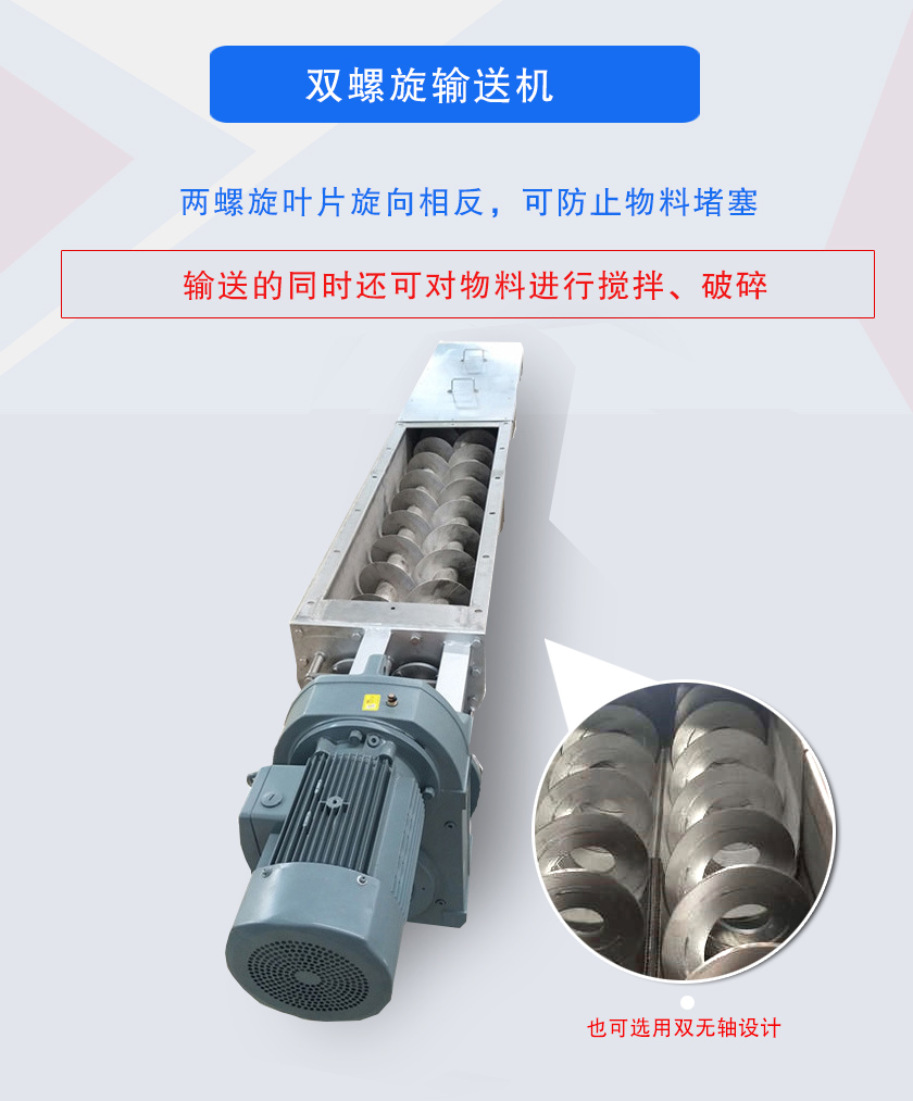 雙螺旋輸送機(jī)兩螺旋葉片旋向相反，可防止物料堵塞