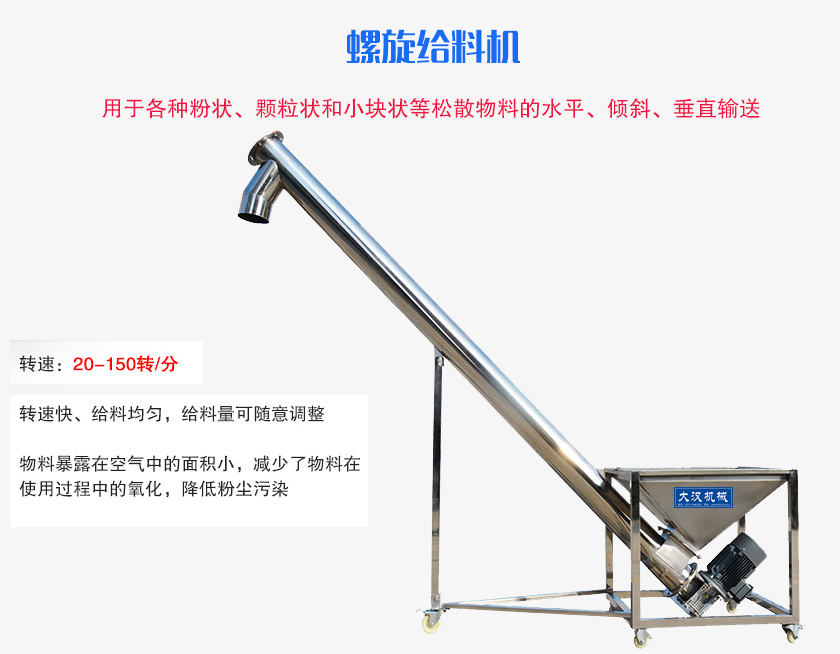 螺旋送料機用于各種粉狀、顆粒狀和小塊狀等松散物料的水平、傾斜、垂直輸送