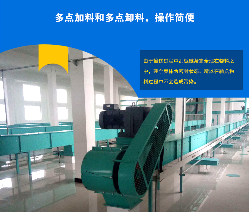 埋刮板輸送機(jī)可多點(diǎn)加料、卸料，輸送距離長(zhǎng)
