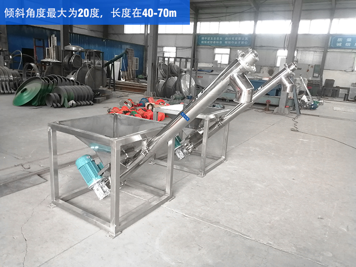 GX型絞龍輸送機傾斜角度最大為20度，長度在40-70m